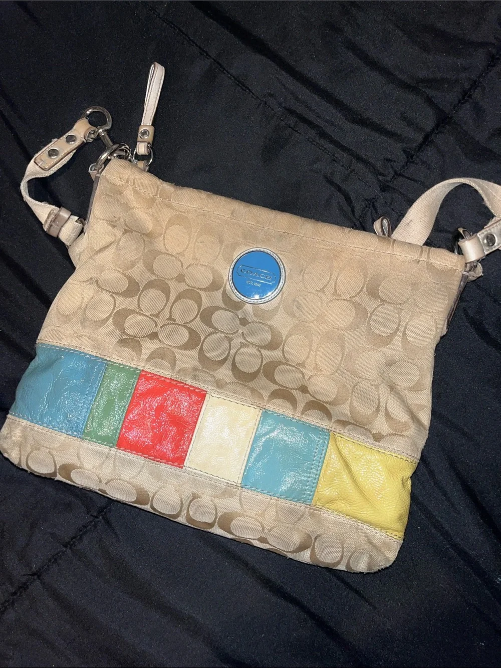 Coach Beige Signature Crossbody with Blue, Green, Red, Yellow & Cream Accents